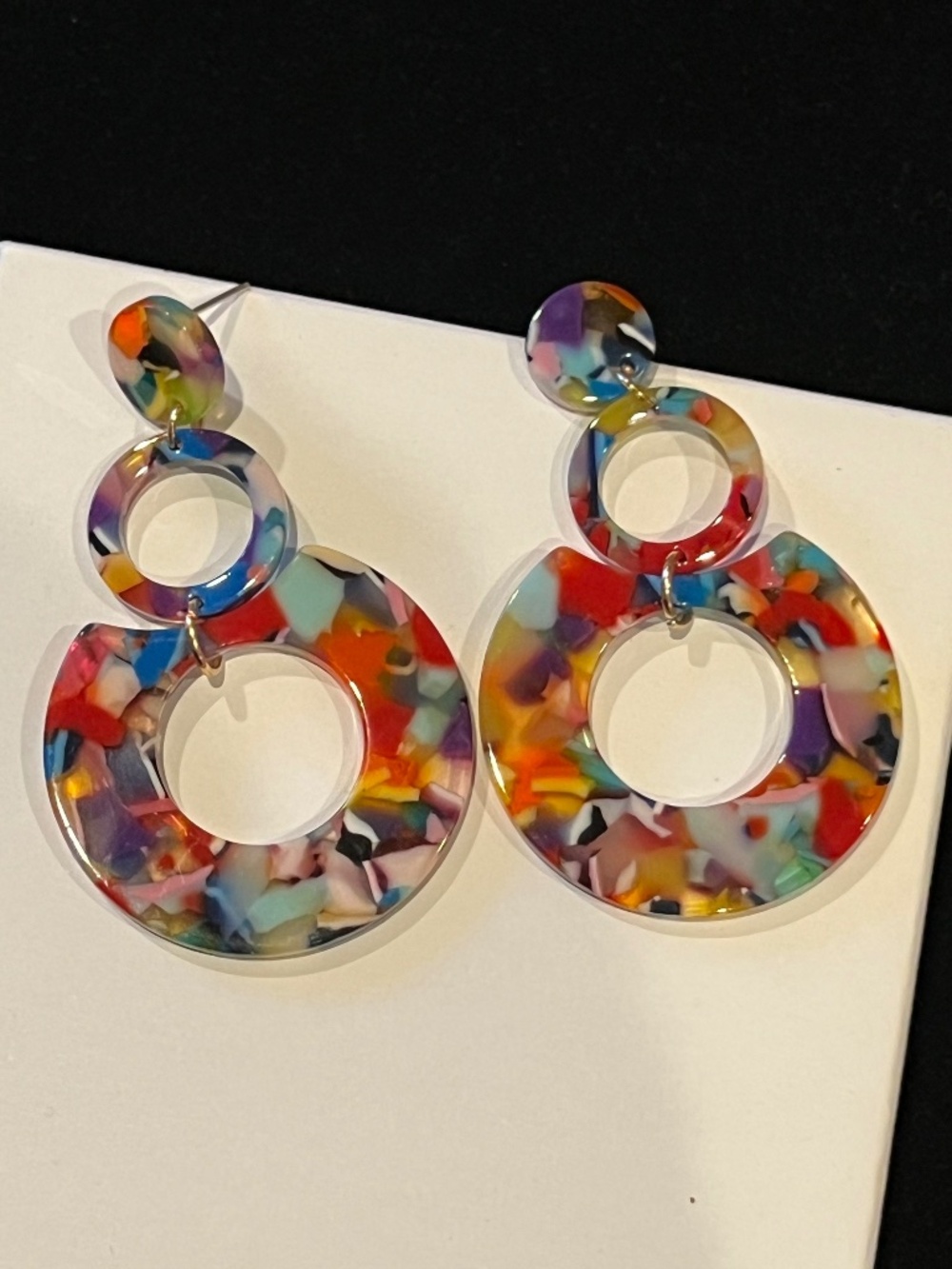 Rainbow Color Acrylic Hoop Silver Hypoallergenic Post Boho Statement Earring NWT